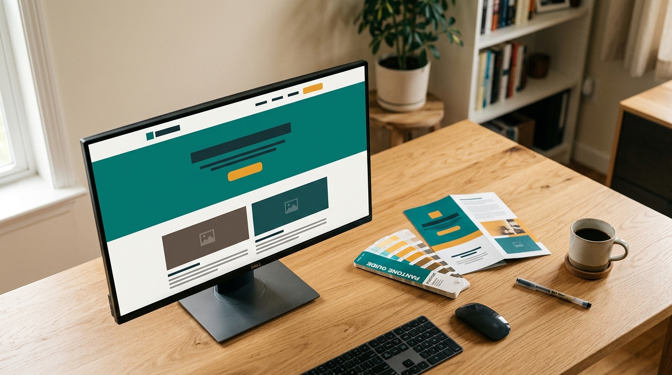 Écran affichant une maquette de site aux couleurs de Web & Cie, posé à côté d'une brochure imprimée et d'un nuancier de couleurs sur un bureau en bois